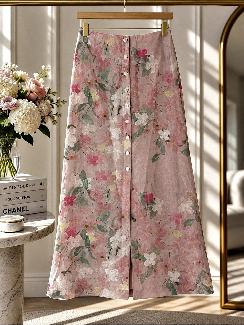 BERNADETTE Pink Floral Linen Button Front Maxi Skirt Size 38